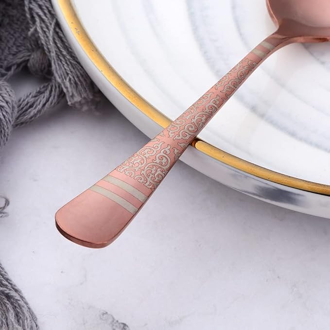 Rose Gold Unique Pattern Design Coffee Espresso Spoons Mini, Mingcheng Stainless Steel Small Teaspoons Silverware Set of 12, BISDARUN 5.5 Inches Food Spoons for Demitasse Dessert Tea