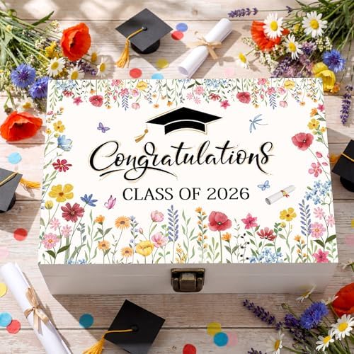 Graduation Memory Keepsake Box with Photo Custom 2026 Large Grad Card Box with Customized Picture Gift for Him Her for Graduate Grad High School Party(White,Wildflower) by Seeloowy