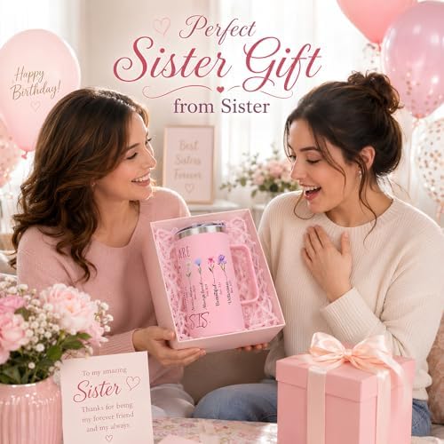 Sister Birthday Gifts, Sisters Gifts from Sister, 20 Oz Pink Floral Insulated Coffee Mug with Handle and Lid, Christmas Birthday Gift Tumbler for Sisters Adult, Big Sis Gift - Image 6