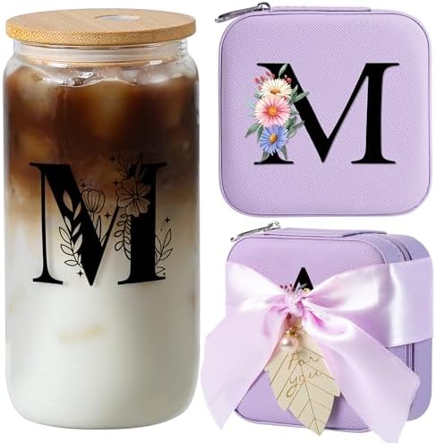 AYGXU Travel Jewelry Case for Women Girls,Jewelry Box Organizer,Travel Initial Jewelry Box for Girls,16oz glass cups with bamboo lids,aesthetic glass cup,Travel Essentials,Initial M purple by AYGXU