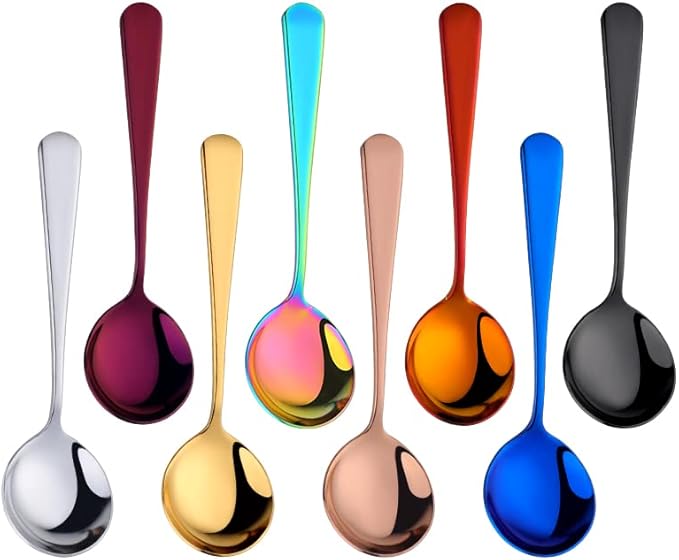 Buyer Star 8 Pieces Stainless Steel Round Soup Spoon, 6.3 Inch Mirror Polished Spoon Cutlery, Dishwasher Safe (Mixed color)