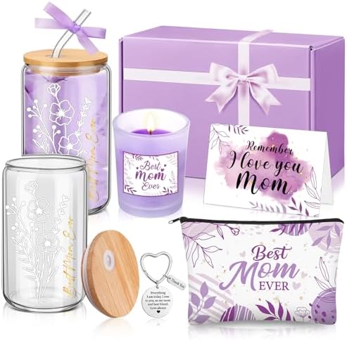 Bokon 6 Pcs Birthday Gifts for Mom Best Mom Ever Gifts Box Set with 16oz Glass Cup Scented Candle Makeup Bag from Daughter Son for Wife Mother Day Party(Purple) by Bokon