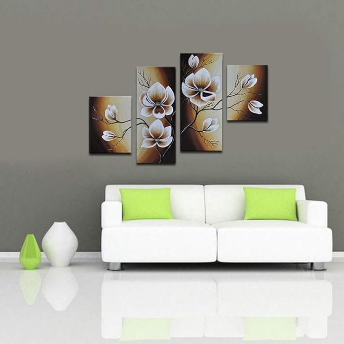 Wieco Art Large Modern 4 pcs 100% Hand Painted Gallery Wrapped Abstract Floral Oil Paintings on Canvas Wall Art Yellow Flowers Bloom Artwork Ready to Hang for Living Room Bedroom Home Decorations L