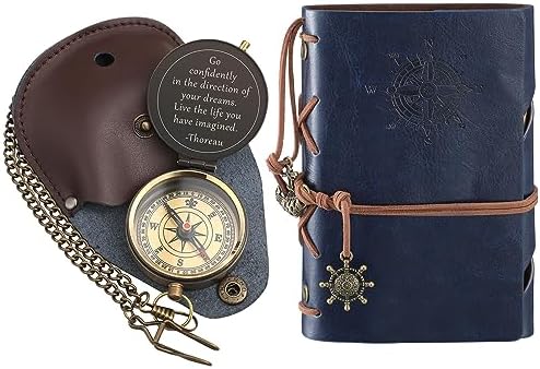 Kanayu 2 Pcs Compass Graduation Gift Compass with Stamped Leather Case and Leather Journal Notebook High School College Graduation Gifts for Him by Kanayu