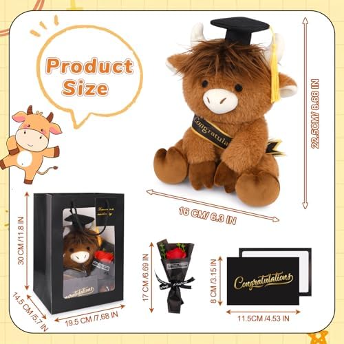 2026 Graduation Plush -8inch Highland Cow with Gift Box Stuffed Animal - Image 4