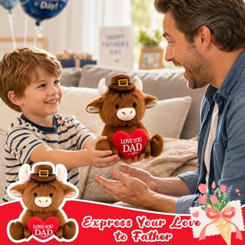 Highland Cow Plush Toy,Highland Cow Stuffy with Holding Love You DAD Heart - Image 2