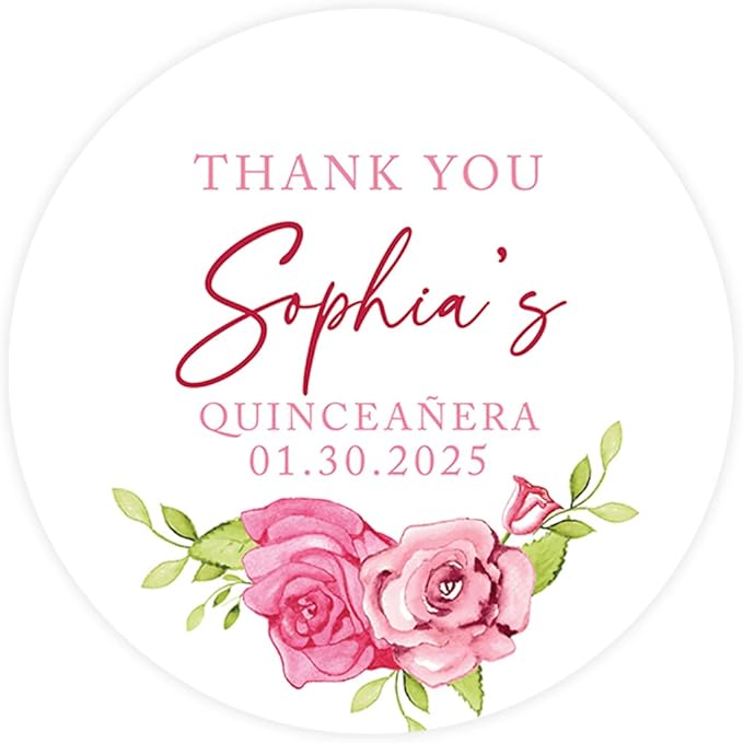 Andaz Press 40-Pack Personalized 2" Round Circle Quinceañera Labels, Pink Roses Custom Thank You Sticker Labels for Mis Quince Favors, Invitations, XV, 15th Birthday Quinceanera Decorations