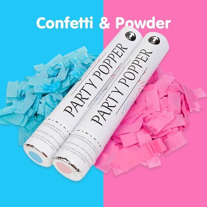 Clover Products Gender Reveal Cannons – 4 Pack (2 Blue & 2 Pink) | 12-Inch Confetti & Powder Poppers | Air-Powered, Biodegradable | Free Balloons Included