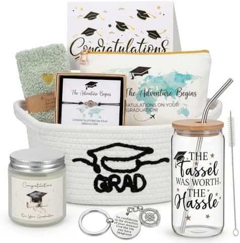 Zopeal Graduation Gift Basket for Her 2026,Graduation Gift Set with Glass Tumbler,Makeup Bag,Candle,Socks,Bracelet,Keychain,Card,College Grad Gifts for Her Women Daughter Granddaughter(White) by Zopeal