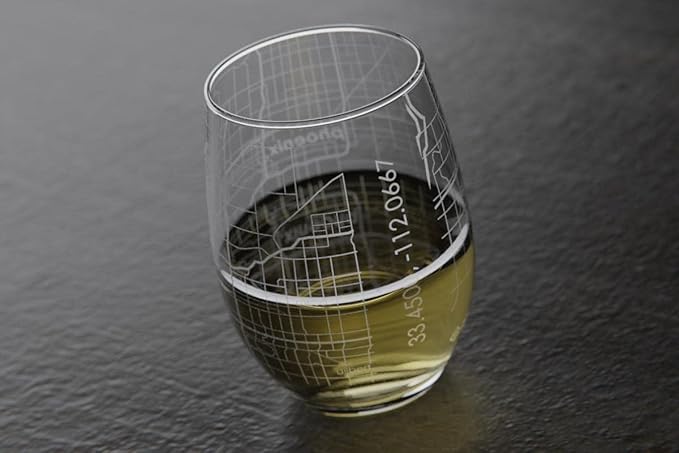 Well Told Engraved Phoenix Arizona Map Stemless Wine Glass, Etched Glass (15 oz, Clear) City Custom Gifts for Lovers