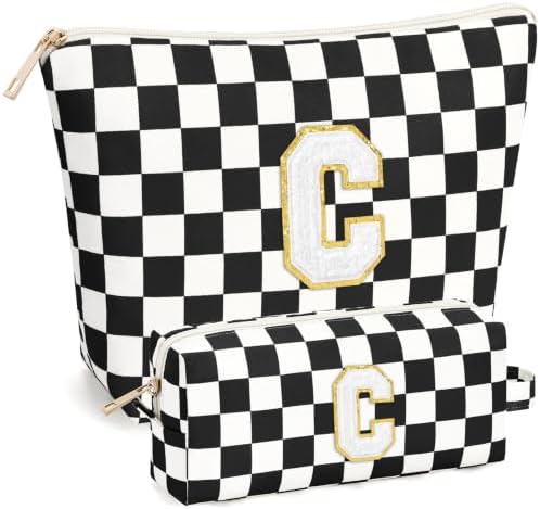mibasies 2 PCS Initial Makeup Bags for Women: Cosmetic Bag for Travel Toiletry - Birthday Gifts for Teen Girl Gifts Trendy Stuff - Graduation Teacher Gift for Girlfriend -Checkered Black C by mibasies
