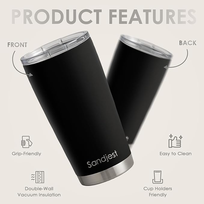 SANDJEST Black Tumbler 20oz Stainless Steel Double Wall Vacuum Insulated, Travel Coffee Cup, Gifts for Men Women Birthday Christmas