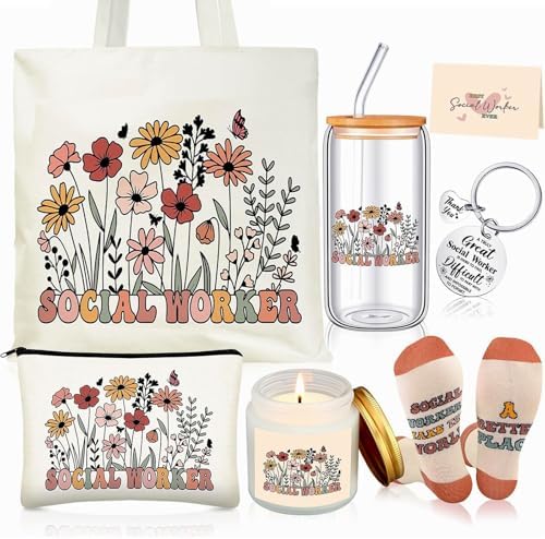 Funnymoom 6 Pcs Social Worker Gifts for Women School Social Worker Must Haves Appreciation Gifts for Housekeeping Volunteer with 17 Oz Glass Cup Canvas Tote Bag Key Chain by Funnymoom