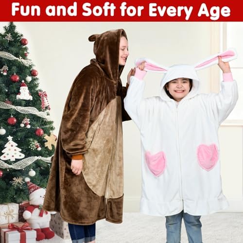 Waitu Rabbit Wearable Blanket Hoodie Funny Halloween Costumes Easter Gifts for Women Men Boys Girls, Rabbit Hooded Blanket Flannel Zipper Hoodie Blanket Birthday Gifts for Girlfriend (Adult, White) - Image 5