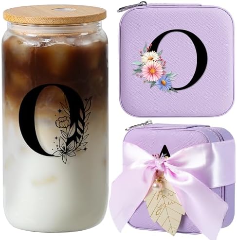 AYGXU Initial glass cups with bamboo lids,Travel Jewelry Case for Women Girls,Travel Jewelry Case Jewelry Box Organizer,coffee cups,Travel Gifts for Women Travel Essentials,Initial O purple by AYGXU