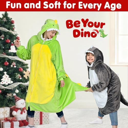 Waitu Dinosaur Wearable Blanket Hoodie Funny Halloween Costumes Gifts for Women Men Boys Girls, Zipper Hoodie Blanket Sweatshirt Cozy Unisex Flannel Dinosaur Costume Cute Gifts (Adult, Green) - Image 3