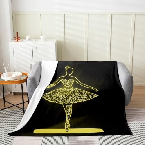 Erosebridal Ballerinas Flannel Blanket Twin 60x80 Inch Gymnastics Fleece Blanket Stick Figure Line Dancers Fuzzy Plush Throw Gold Fashion Dreamy Living Room Decor - Image 2