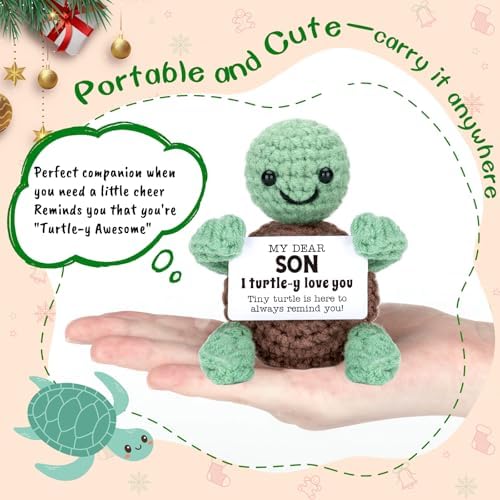 4THFARMES Mini Funny Turtle Son Gifts from Mom Dad, Birthday Gifts for Kids Teens Adults Son in Law Bonus Step, I Love You Presents Small Cute Stuff Things,Handmade Emotional Positive Crochet Turtle - Image 2