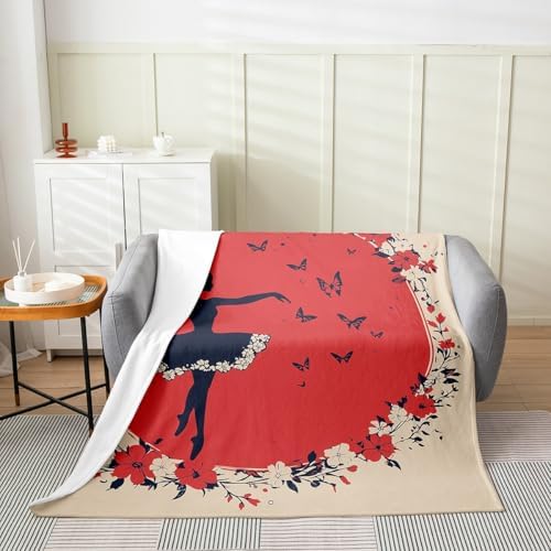 Erosebridal Flowers Flannel Blanket Baby 30x40 Inch Ballerinas Fleece Blanket Sun Butterfly Silhouette Fuzzy Plush Throw Branch Red Aesthetic Ballet Living Room Decor - Image 2
