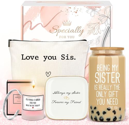 Sister Gifts from Sisters Birthday Gifts for Sisters Adult Best Sister Ever Gift Ideas for Women Cool Presents Set with Funny Glass Cup, Unique Makeup Bag, Scented Candle, Bracelet, Jewelry Tray by CHESACE