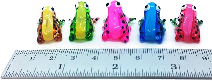 WitnyStore Tiny ¾ Inch Multicolor Black Dotted Frog Figurine 5 Colors Set - Miniature Hand Blown Glass Poison Frogs Amphibian Animals Colorful Small Crystal Decorative Collectible Figures Décor Gifts