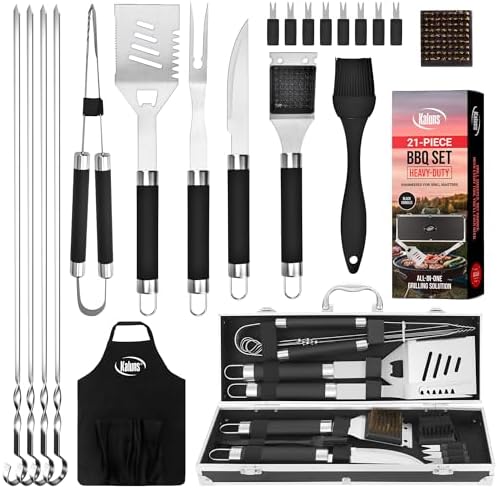 Kaluns Grilling Accessories, Dad Gifts for Fathers Day, Mothers Day Grilling Gifts, Heavy Duty Stainless Steel BBQ Tool Set for Outdoor Grill with Aluminum Case and Apron, Birthday Gifts for Men by Kaluns%C2%AE