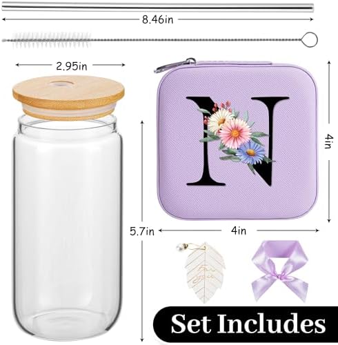 AYGXU Mothers Day Gifts for mom,Gift Sets for Women,Initial glass cups with lids and straws,Initial jewelry box for Women Teen Girls,Travel Essentials,Cute Tumbler Cup with lid,Initial purple N - Image 2