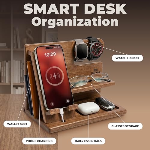 TESLYAR Wood Phone Docking Station for Men - Desktop or Nightstand Organizer - Birthday Gifts for Men, Dad - Anniversary Idea from Wife - Key Holder, Stand Wallet, Watch & Essentials (Earth Beige) - Image 3