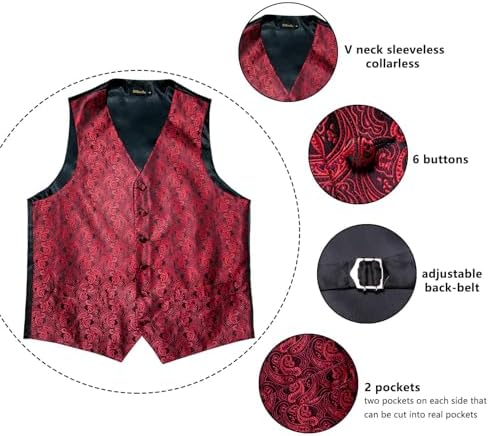 DiBanGu Mens Vest and Tie Set Formal Paisley Waistcoat and Necktie Pocket Square Cufflinks Silk Suit Vest for Tuxedo Wedding - Image 5