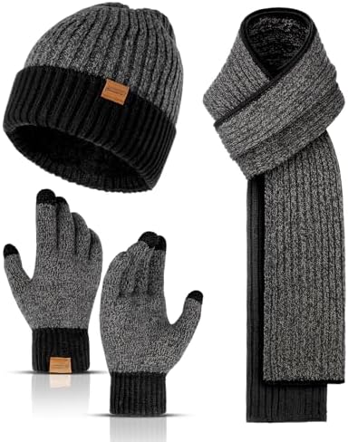 Winter Beanie Hats Long Neck Scarf for Men and Touchscreen Gloves 3PCS Set by HONNESSERRY