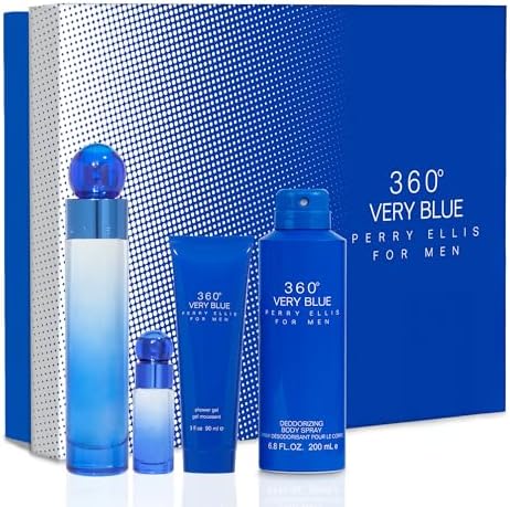 Perry Ellis 360 Very Blue 4 Pieces Gift Set for Men, (3.4 Ounce Eau de Toilette Spray + 6.8 Ounce Body Spray + 3.0 Ounce Shower Gel + 0.25 Ounce Eau de Toilette Spray) by PerryEllis