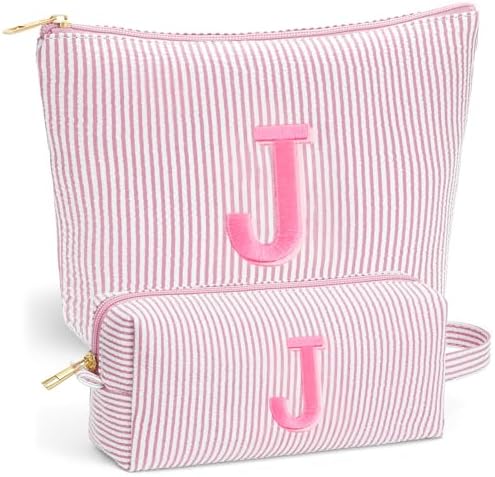 Travel Essentials - Portable Travel Toiletry Bag for Women, Initial Makeup Kit Organizer Make up Cosmetic Bag Set Light Pink Stuff Birthday Gifts for Women Daughter Mom, Light Pink Letter J by Fohufo