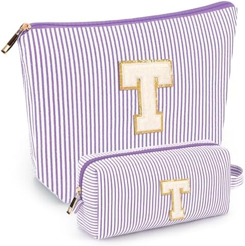 2 PCS Initial Makeup Bags for Women: Cosmetic Bag for Travel Toiletry - Birthday Gifts for 11 12 13 14 15 16 17 18 Years Old Girl Graduation Teacher Gift- Teen Girl Gifts Trendy Stuff - Purple T by mibasies