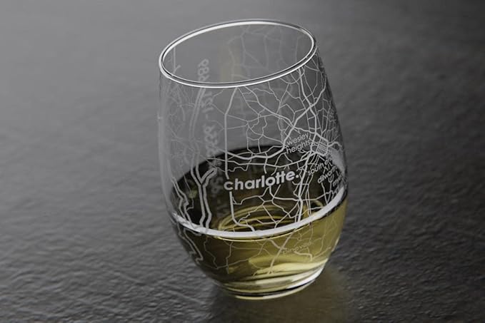 Well Told Engraved Charlotte North Carolina Map Stemless Wine Glass, Etched Glass (15 oz, Clear) City Custom Gifts for Lovers