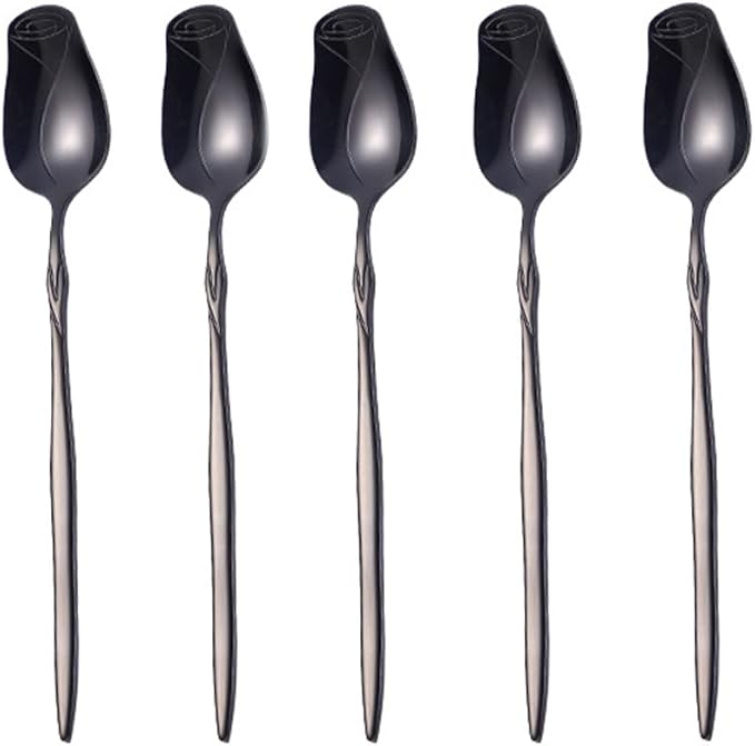 Stainless Steel Spoon Set 5 Pack, Rose flower & Cute (Black)