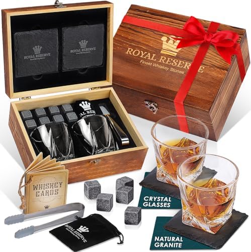 Whiskey Glasses Gift Set for Men, 2 Crystal Bourbon Glasses & Stones by RoyalReserve
