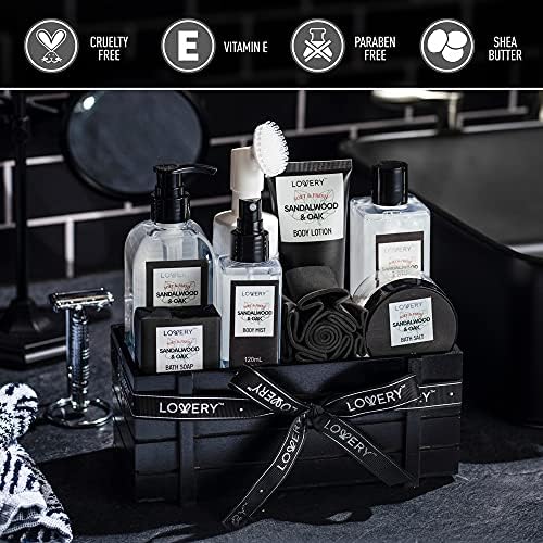 Birthday Gifts Spa Kit for Men - Sandalwood and Oak Scented Bath Gift Set and Shower Gift Basket With Face Wash & Brush, Shower Gel, Bubble Bath, Body Lotion, Body Mist, Handmade Soap, Salts & Puff - Image 4