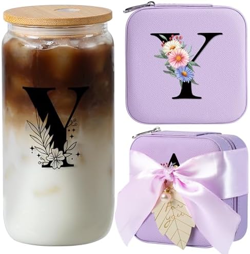 AYGXU Travel Gifts for Women,16oz glass cups with lids and straws,mom birthday gifts,aesthetic cups,coffee cups,travel jewelry case organizer,Travel Essentials Small Jewelry Box,Initial Y purple by AYGXU
