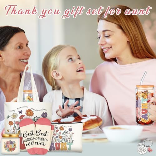 Funnymoom 6 Pcs Auntie Gifts for Women, Best Aunt Brithday Gifts from Niece Nephew with 17 oz Glass Cup Canvas Tote Bag for Auntie Birthday Wedding - Image 6