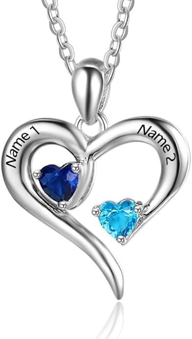 Sterling Silver Personalized 2 Names Necklace with 2 Heart Simulated Birthstone Couple Pendant Necklace for Women