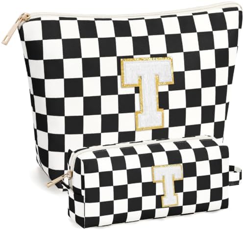 mibasies 2 PCS Initial Makeup Bags for Women: Cosmetic Bag for Travel Toiletry - Birthday Gifts for Teen Girl Gifts Trendy Stuff - Graduation Teacher Gift for Girlfriend -Checkered Black T by mibasies