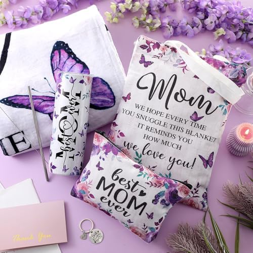 Geiserailie 5 Pcs Birthday Gift Set for Mom Include Purple Butterfly Flower Blanket 20oz Stainless Steel Tumbler with Straw and Brush Best Mom Ever Makeup Bag Keychain for Mother from Daughter Son - Image 2