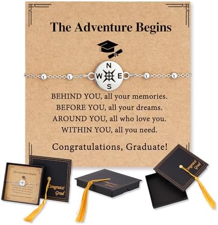 2026 Graduation Bracelet for Her-14K Gold/Silver Plated Compass Bracelet with Grad Cap Gift Box Graduation Gift for Middle High School College Graduates by Pavkki