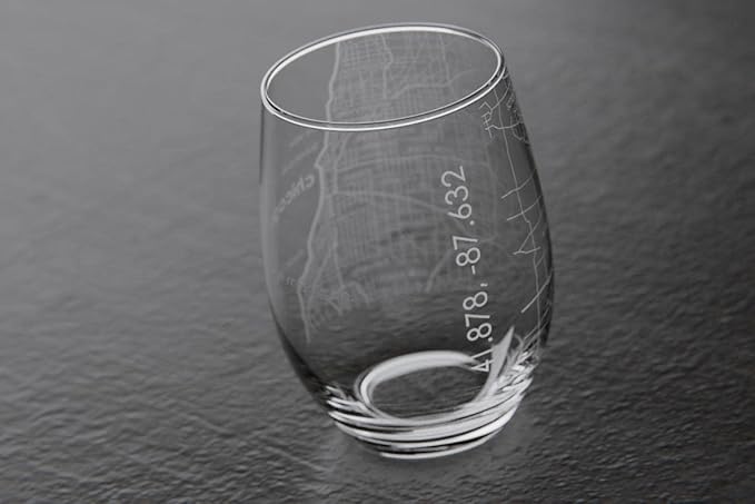 Well Told Engraved Chicago Illinois Map Stemless Wine Glass, Etched Glassware (15 oz, Clear) City Map Gift, Custom Barware, Gifts for Wine Lovers