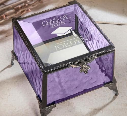 Graduation Keepsake Box Class of 2026 Personalized Name, Purple Glass Jewelry Box, Engraved Memory Box with Graduation Cap, Senior Gift 2026 by JDevlinGlassArt