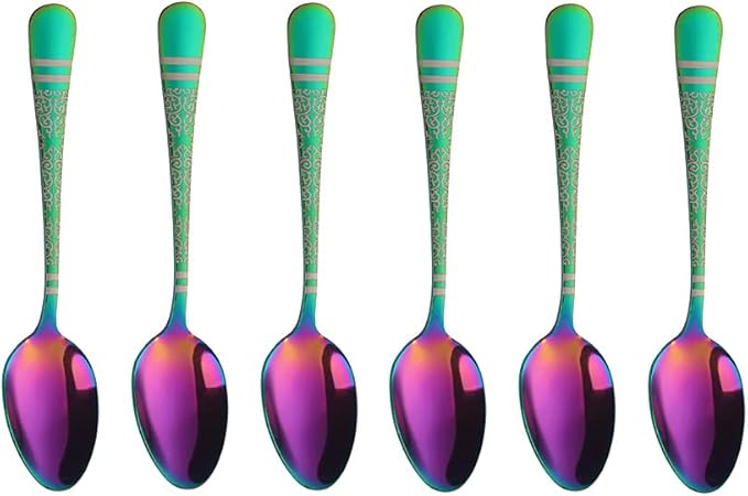 Rainbow Unique Pattern Design Coffee Espresso Spoons Mini, Mingcheng Stainless Steel Small Teaspoons Silverware Set of 6, BISDARUN 5.5 Inches Food Spoons for Demitasse Dessert Tea