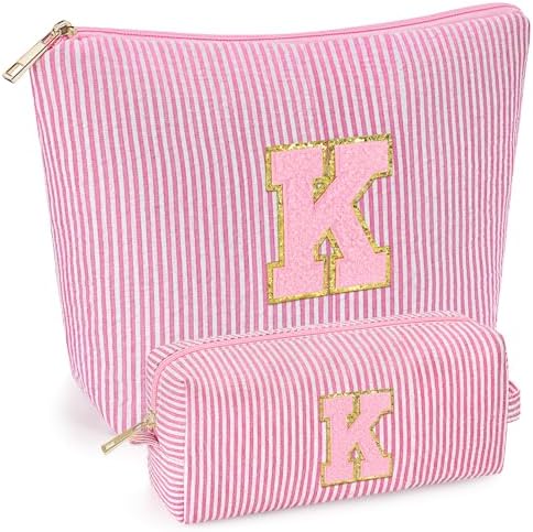 mibasies 2 PCS Initial Makeup Bags for Women: - Birthday Gifts for Teen Girls 11 12 13 14 15 16 Years Old - Preppy Trendy Stuff - Cosmetic Bag for Travel Toiletry - Pink K by mibasies