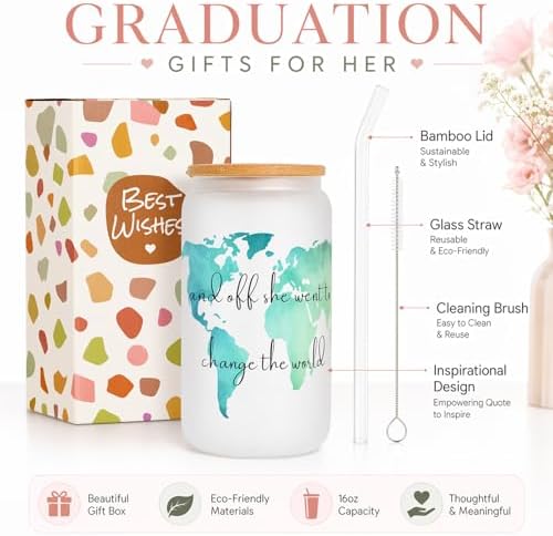 Frerdui Graduation Gift for Her – And Off She Went to Change the World 16oz Glass Cup, Cute Grad Gift for College High School Graduate, Grad Gift for Daughter Niece Granddaughter Friend - Image 2
