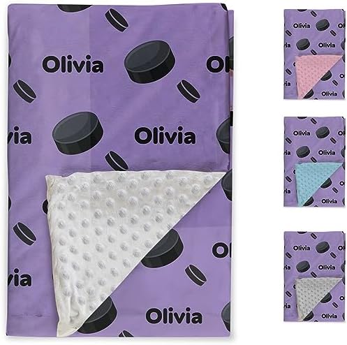 Custom Ice Hockey Blanket - Personalized Name with Ice Hockey Patterns - Soft Plush Flannel Blanket with Double Layer Dotted Backing for Baby Toddler Kids Teen Boys Girls Gifts Purple - Image 2