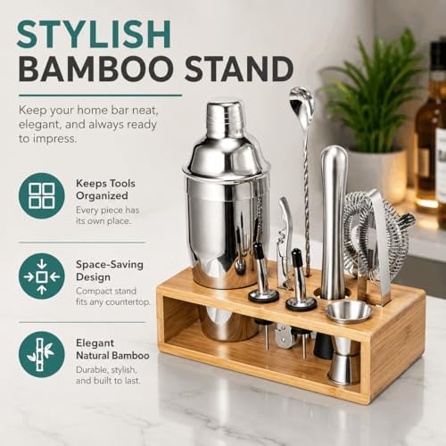 Cocktail Shaker Set, 18/8 Food-Grade Stainless Steel Mixology Bartender Kit 10-Piece Bar Tools with Stylish Bamboo Stand - Rust-Proof & Dishwasher Safe - Professional Martini Shaker Gift for Men, Dad - Image 4